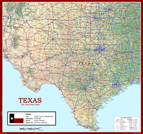 Texas USA State Poster Map (The Lone Star State) - 24 x 22 inches - Paper Laminated
