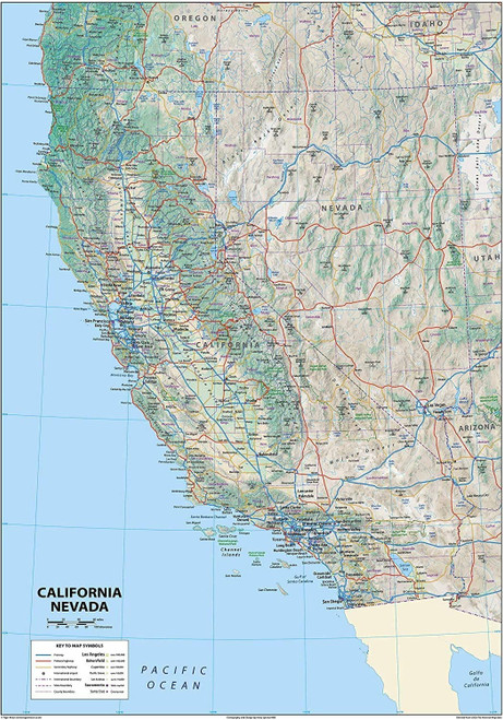 California and Nevada Physical Poster Map - 23.4 x 33.1 Inches - Paper Laminated