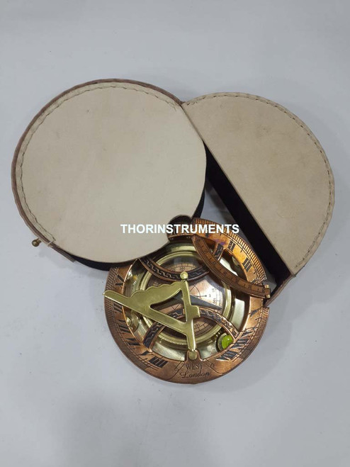 Copper & Brass Nautical Round Sundial Compass with White Leather Case Rustic Vintage Home Decor Gifts