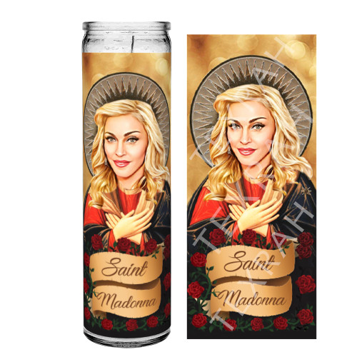 Saint Madonna Celebrity Prayer Devotional Parody Candle, 8" white unscented glass Saint Madonna Celebrity Prayer Devotional Parody Candle, 8" white unscented glass