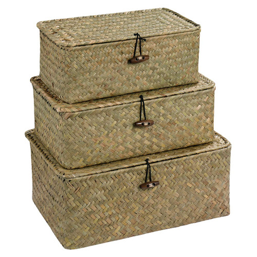 BESPORTBLE 3Pcs Wicker Storage Baskets with Lids - Handwoven Natural Seagrass Storage Bins Seagrass Woven Baskets for Shelves Stackable Storage Boxes for Organizing Rattan Bins (Natural) BESPORTBLE 3Pcs Wicker Storage Baskets with Lids - Handwoven Natural Seagrass Storage Bins Seagrass Woven Baskets for Shelves Stackable Storage Boxes for Organizing Rattan Bins (Natural)