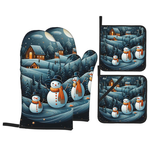 4 Pcs Oven Mitts Pot Holders Set Heat Resistant Waterproof Kitchen Oven Glove with Pot Holders Christmas Santa Penguin Non Slip Cooking Gloves for Baking Cooking Grilling BBQ