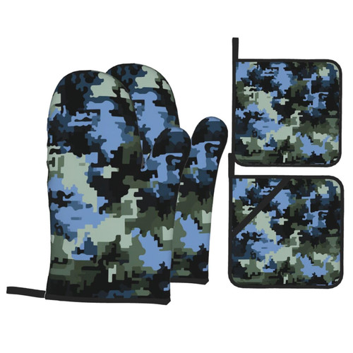 4 Pcs Oven Mitts Pot Holders Set Heat Resistant Waterproof Kitchen Oven Glove with Pot Holders Camo Pattern Non Slip Cooking Gloves for Baking Cooking Grilling BBQ