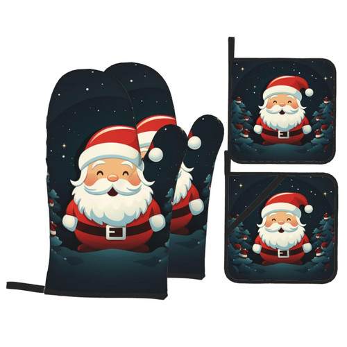4 Pcs Oven Mitts Pot Holders Set Heat Resistant Waterproof Kitchen Oven Glove with Pot Holders Cute Santa Claus Non Slip Cooking Gloves for Baking Cooking Grilling BBQ