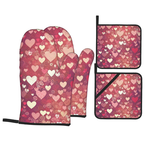 4 Pcs Oven Mitts Pot Holders Set Heat Resistant Waterproof Kitchen Oven Glove with Pot Holders Heart Pattern Non Slip Cooking Gloves for Baking Cooking Grilling BBQ