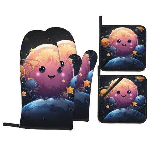 4 Pcs Oven Mitts Pot Holders Set Heat Resistant Waterproof Kitchen Oven Glove with Pot Holders Cute Planet Non Slip Cooking Gloves for Baking Cooking Grilling BBQ