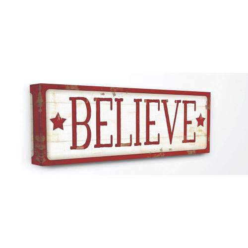Stupell Industries Believe Sign Red Christmas Holiday Word Design Canvas, 10 x 24, Multi-Color