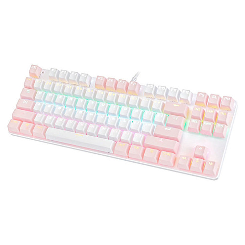 KOqwez33 Portable Advanced Keyboard for Notebook Computer, K100 87 Keys USB Backlight Green Shaft Office Home Gaming Mechanical Keyboard - White Pink