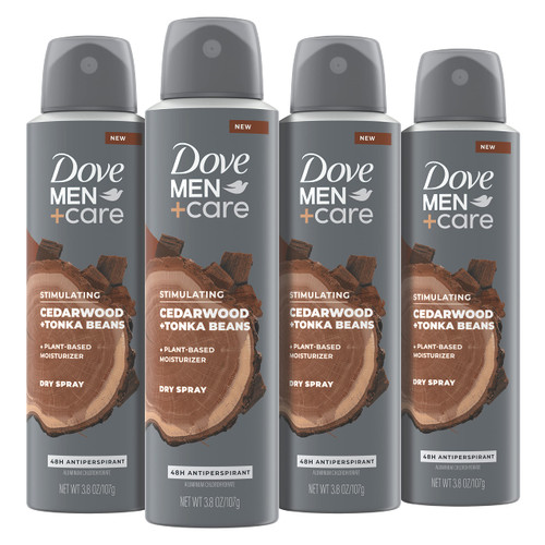 Dove Men+Care Stimulating Antiperspirant Dry Spray Deodorant Cedarwood & Tonka Beans 4 Count 48-hour Odor Protection Deodorant For Men Naturally Derived Plant-Based Moisturizer 3.8 oz