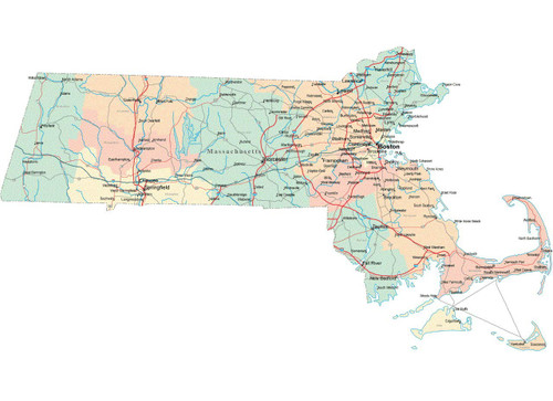 USWay 186638 Massachusetts Road MAP State City County Decor Wall 36x24 Poster Print