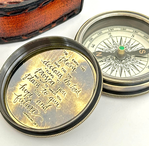 Brass Compass with Leather Box - Engraved Scripture Compass Religious Gift - Baptism, Confirmation, Communion Compass -Graduation Gift - Inspiration, Sentimental Gift - Engraved for I Know The Plan