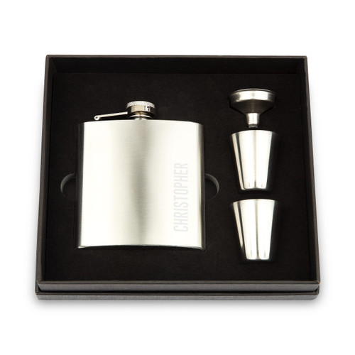Weddingstar Engraved 6 oz Stainless Steel Hip Flask Gift Box Set Silver - Vertical Name