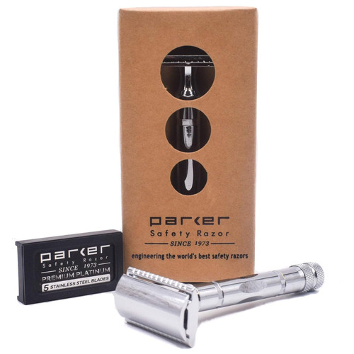 Parker Safety Razor, 89R 3-Piece Safety Razor Handle with Chrome Plated Brass Handle, and 5 Parker Premium Double Edge Razor Blade Refills