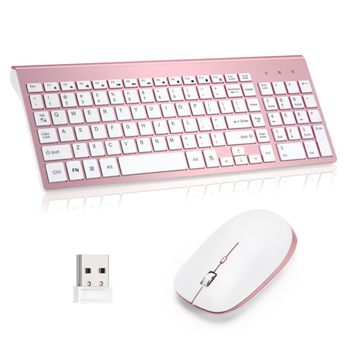 Wireless Keyboard and Mouse, KANG RUI Full-Size USB Plug-and-Play, Quiet and Compact, Compatible with Mac Computers, laptops, Tablets, Windows -Rose Gold Pink