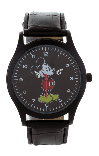 Disney MK5477 Men's Mickey Mouse Black IP Black Dial Leather Band 3-Hand Analog Watch