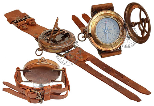 Hanzla Collection Steampunk Brass Sundial Compass Handmade Leather Band/Wrist Compass and Nautical Sundial Watch