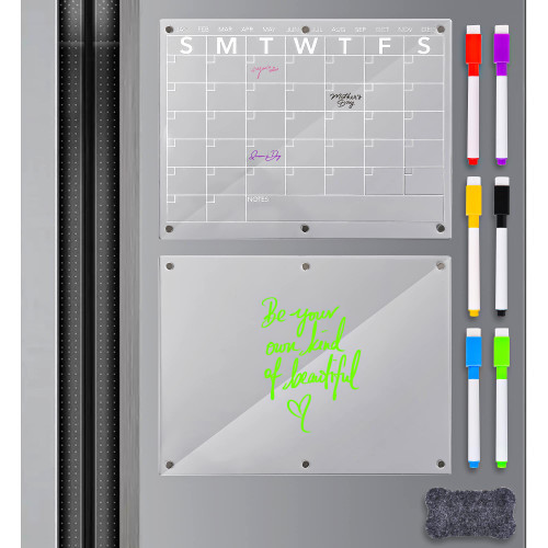 Acrylic Magnetic Fridge Calendar & Weekly Planner Monthly Dry Erase Board for Refrigerator 6 Markers & Magnetic Pen Meal Planning Whiteboard 16''x12'', 2 Boards (Calendar + Weekly Planner)