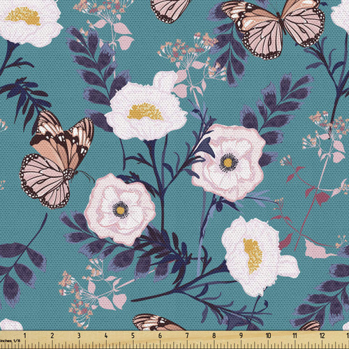 Ambesonne Floral Fabric by The Yard, Vibrant Selective Color Palette Floral Pattern Butterflies Petals, Decorative Fabric for Upholstery and Home Accents, 2 Yards, Multicolor