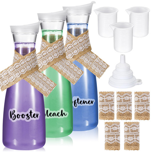 Suclain 3 Pcs Laundry Detergent Dispenser with Lid 54 oz Laundry Soap Dispenser with Funnel Measure Cups Ribbons Label Fabric Softener Dispenser Laundry Detergent Container Laundry Detergent Bottle