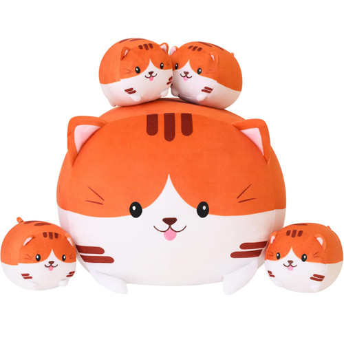 SQEQE Cat Plush Pillow Cute Cat Stuffed Animals with 4 Baby Cat Plushies in Her Tummy, Soft Cotton Kitten Plushie Pillow Doll Toy Gifts for Kids(Orange)