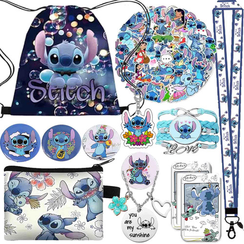 EMISOO Stitch Merchandise Stuff Gift Set for Girls, Stitch Anime Cartoon Drawstring Bag, Keychain Lanyard, Purse, Bracelets, Sticker (A)