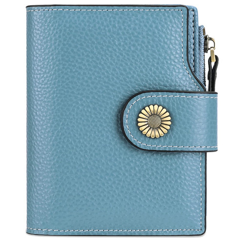 KELEEL Wallets for Women Small Bifold RFID Blocking Genuine Leather Wallet Short Ladies Purse Zipper Coin Pocket Card Cash Holder with ID Window (Litchi Leather - Light Blue)