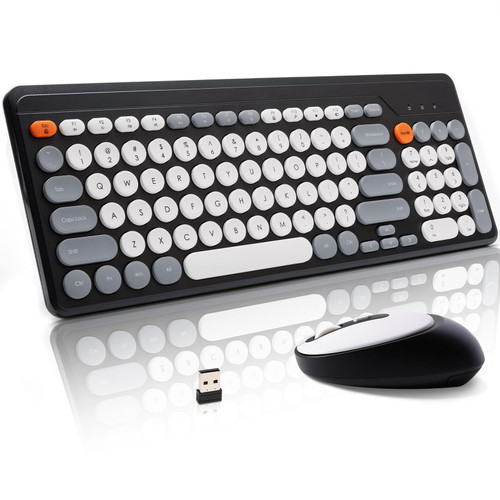 HUO JI Wireless Keyboard and Mouse Combo, 2.4GHz Office Silent Cordless Keyboard Mouse Combo,96 Keys Full Size with Number Pad,1600 DPI Optical Mouse, for Windows Laptop PC Desktop (White Black Grey)