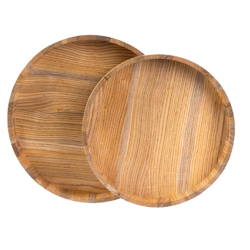 WONFUlity Round Wooden Trays for Coffee Table?Leak-Proof Ottoman Tray Paulownia Wood Tray, Serving Tray with Handles Food Serving Trays Ottoman Tray for Living Room Set of 2