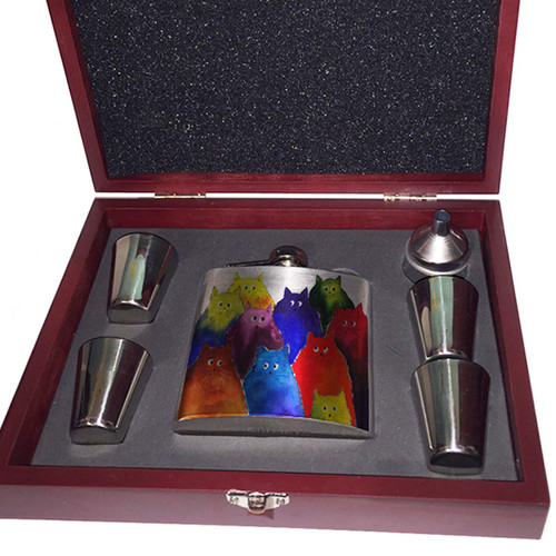 Sunshine Cases Very Silly Two Tone Maine Coon Kitties White Background Cat Art by Denise Every Liquor Pocket Hip Flask Wood Gift Box Set with Stainless Steel Shot Glasses and Funnel