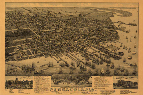 WONDERFULITEMS Bird's Eye View of Pensacola Florida 1885 The Navy Yard Ships USA Map Tourism Travel 16" X 24" Image Size Vintage Poster Repro on Matte Paper