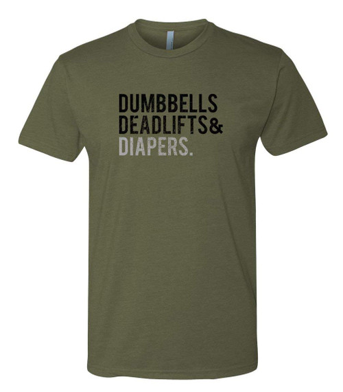 DadBod Apparel DB Men's Triple-D T-Shirt (Military Green/XX-Large) - Dumbbells Deadlifts & Diapers Army Green Tee for Dads