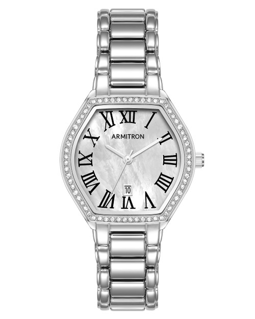 Armitron Women's Silver-Tone Mother of Pearl Dial Crystal Accented Bracelet Watch, 75/5907MPSV