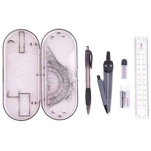 Geometry Compass Set 8PCS Math Geometry Tool Plastic Ruler Set Includes Straight Ruler, Triangle Ruler, Protractor, Compass, Pencil Lead, Pencil, Eraser for Student School Home Office Supplies Compass
