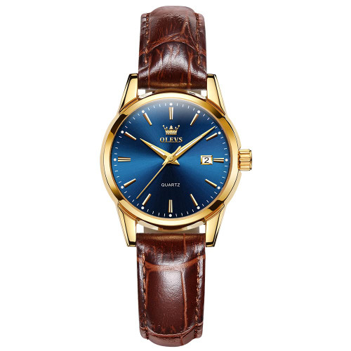 OLEVS Women's Watches for Ladies Female College Students Blue Dial Brown Leather Small Face Dress Analog Quartz Wrist Watch with Calendar Day Date Waterproof Luminous Gift Classic Casual