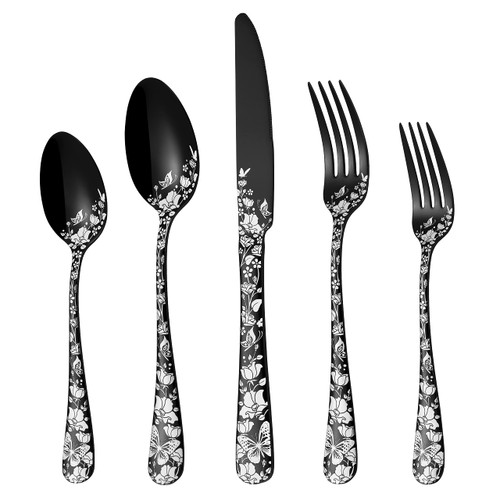 Stapava 20-Piece Black Silverware Set, Black Flatware Set for 4, Unique Stainless Steel Tableware Cutlery Set, Utensil Sets Forks Spoons And Knives Set, Mirror Polished, Dishwasher Safe