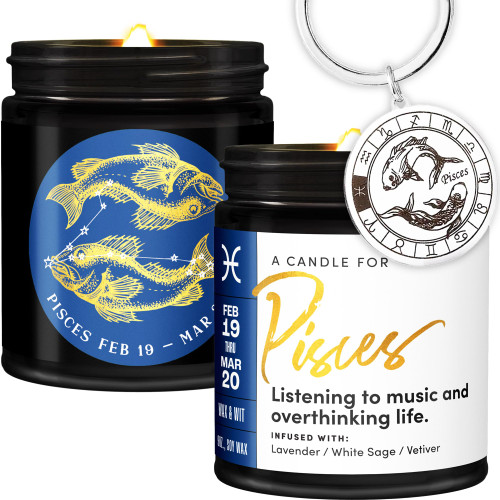 WAX & WIT Pisces Gifts for Women, Zodiac Gifts for Women, Astrology Gifts for Women, Zodiac Candles, Pisces Candle, March Birthday Gifts, February Birthday Gifts for Women, Astrology Candle - 9oz