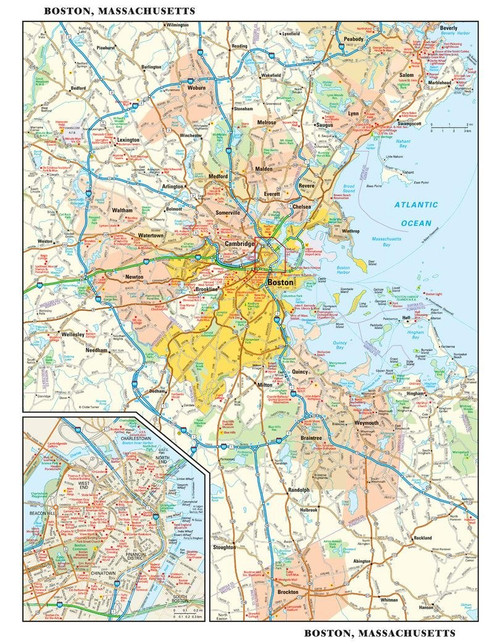 Boston, Massachusetts Wall Map, small - 11.25" x 14.5" Matte Plastic