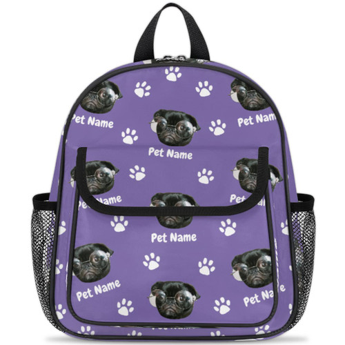 Custom Pet Avatar and Name Purple Custom Toddler Backpack with Name, Personalized Backpack with Text for Kids Boys Girls 3-6 Years Preschool Kindergarten Daycare Bag with Chest Strap