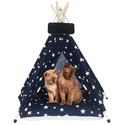 Pet Teepee Tent for Dogs & Cats Teepee Tent with Thick Cushion and Teepee Stabilizer for Small Dogs and Cats Washable Dog Teepee Tent 24IN (Navy Blue Star)