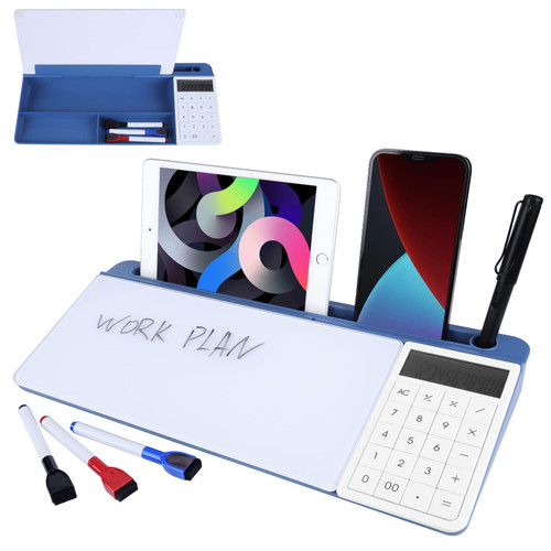 Small Desktop Glass Whiteboard with Basic Calculator, 12 Digit LCD Display, Dry Erase Computer Keyboard Stand Pad with Storage Caddy, Desk Organizers with Accessories for Office, Home, School Supplies