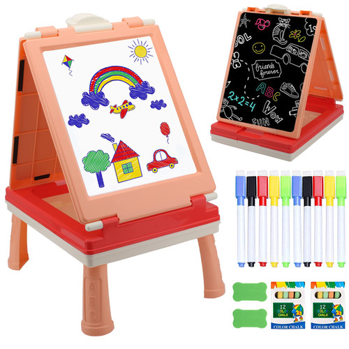 Table Art Easel for Kids, Double Sided Foldable Tabletop Drawing Easels Chalkboard Desk with Graffiti and Board Game Accessories Supplies for Boys and Girls (Pink)