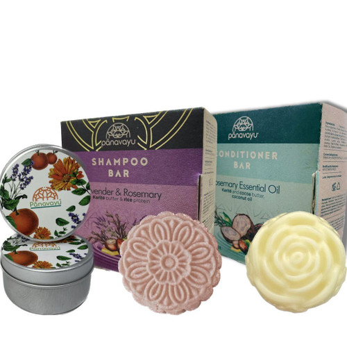 PANAVAYU Bar Shampoo and Conditioner set - Lavender & Rosemary Shampoo 85g and Rosemary Essential Oil Conditioner 55g 2 pc Set + 2 Travel Tins - Eco Friendly, No wasted (Rosemary)