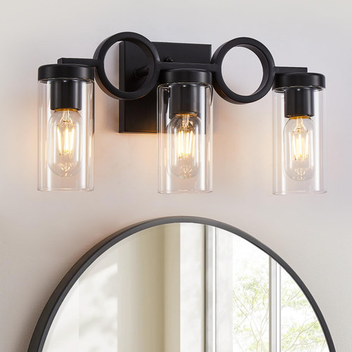 SADENICEL 3 Light Bathroom Vanity Light Fixtures Black, Modern Wall Mounted Sconces Lighting Over Mirror with Clear Glass Shade, Farmhouse Porch Lamp Fixture for Restroom Hallway Bedroom Cabinet SADENICEL 3 Light Bathroom Vanity Light Fixtures Black, Modern Wall Mounted Sconces Lighting Over Mirror with Clear Glass Shade, Farmhouse Porch Lamp Fixture for Restroom Hallway Bedroom Cabinet
