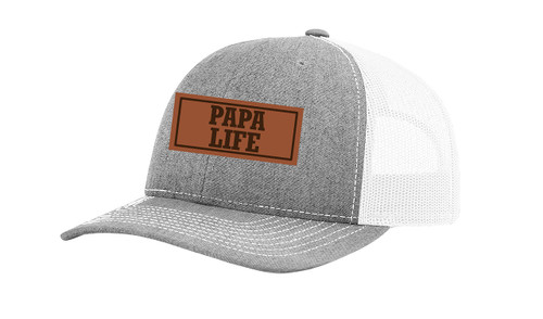 Men's Papa Life Father's Day Laser Engraved Leather Patch Trucker Hat, Heather Grey/White
