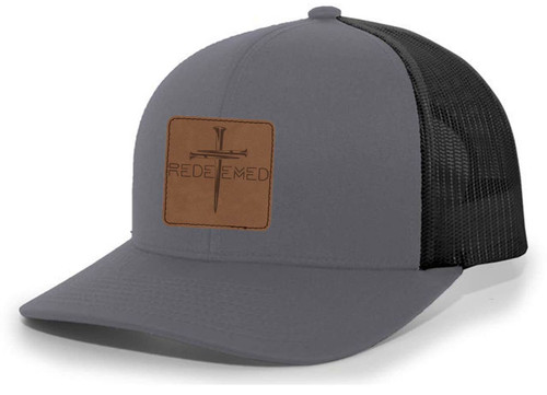 Heritage Pride Christian Redeemed Cross Laser Engraved Leather Patch Mesh Back Trucker Hat, Charcoal/Black