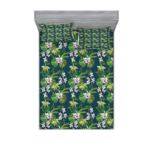 Ambesonne Orchids Fitted Sheet & Pillow Sham Set, Island Theme Blooms with Palm and Banana Leaf Jungle Rainforest, Decorative Printed 3 Piece Bedding Decor Set, Queen, Night Blue Fern Green