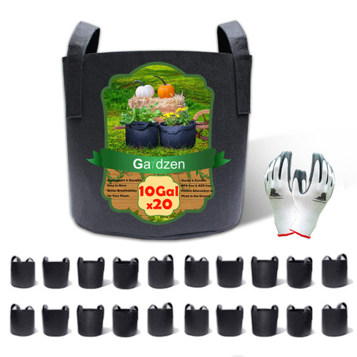 Gardzen 20-Pack 10 Gallon Grow Bags with Gloves, Aeration Fabric Pots with Handles, Pot for Plants