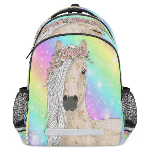 YPPAHHHH Floral Horse Fantasy Rainbow Stripe Backpack for School Boys Kids School Backpack Elementary Students Bookbag Laptop Daypack with Chest Buckle, Teens Hiking Travel Rucksack