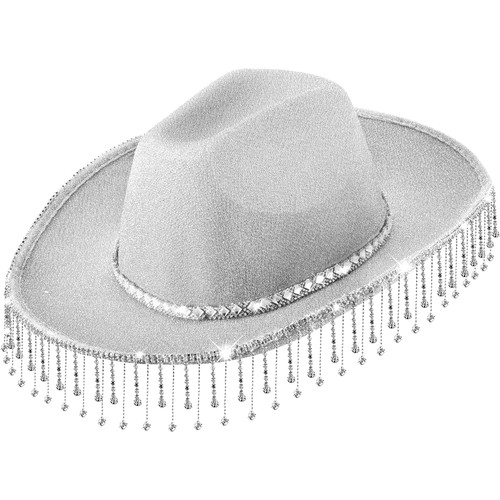Ramede Rhinestone Cowgirl Hat Women Disco Cowboy Outfit Bling Diamond Fringe Cowgirl Hat Western Cowgirl Costume(Silver) Ramede Rhinestone Cowgirl Hat Women Disco Cowboy Outfit Bling Diamond Fringe Cowgirl Hat Western Cowgirl Costume(Silver)