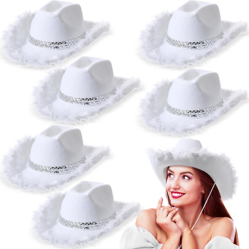 Unittype 6 Pcs Cowgirl Hat Feather Cowgirl Hat Sequin Cowgirl Hat for Women Bachelorette Themed Party Birthday Halloween (White)